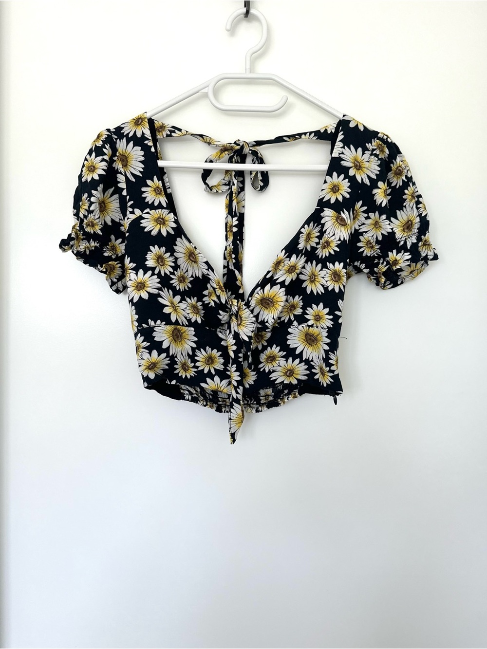 Daisy Tie-Front Crop Top - Black with Yellow Daisies